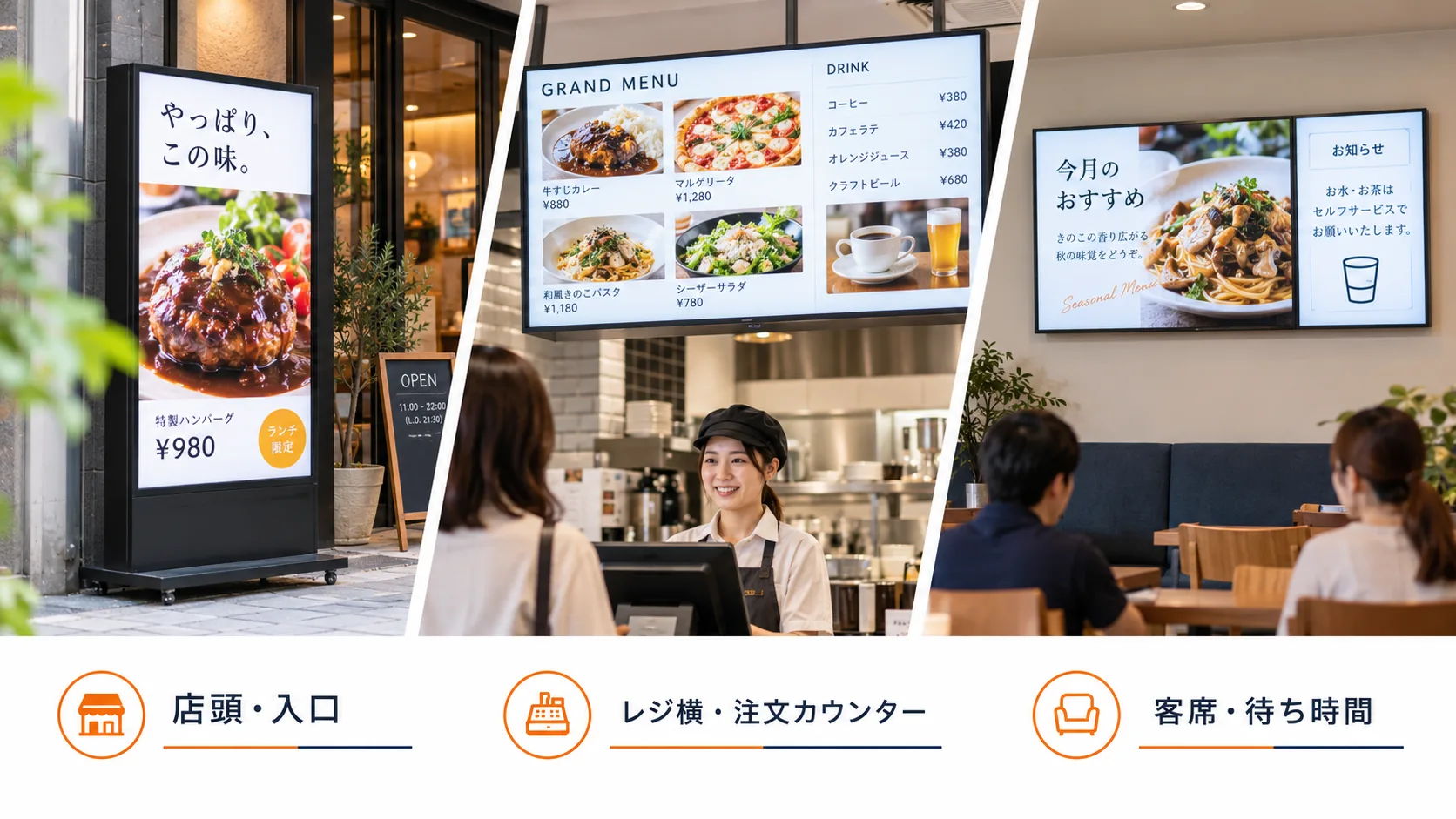 店頭、注文カウンター、客席でのデジタルサイネージ活用イメージ（AI生成画像）